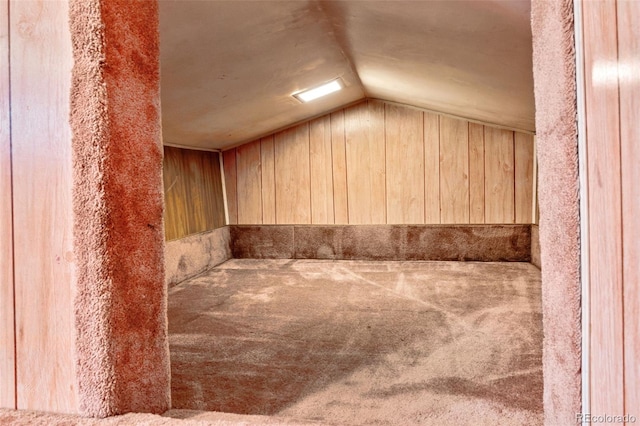 interior space with carpet and wooden walls