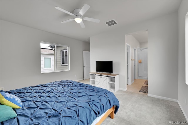 bedroom featuring visible vents, ceiling fan, light carpet, and baseboards