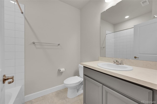 bathroom featuring shower / bath combination, visible vents, toilet, vanity, and baseboards