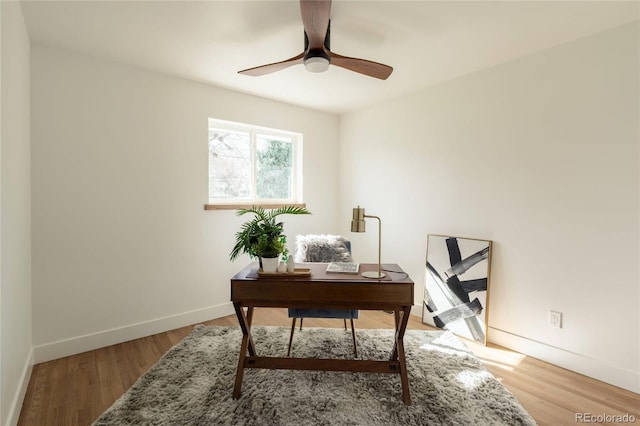 4631 Zuni St, Denver, CO 80211 - office area featuring ceiling fan, baseboards, and wood finished floors