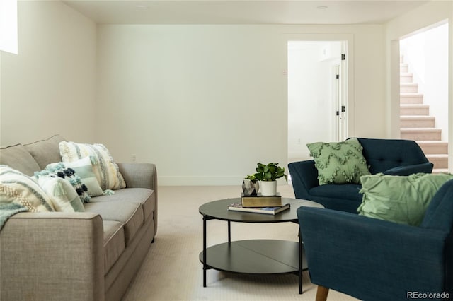 4631 Zuni St, Denver, CO 80211 - living room with light carpet, stairs, and baseboards