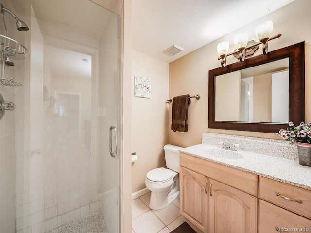 full bath featuring tile patterned flooring, toilet, vanity, visible vents, and a shower stall