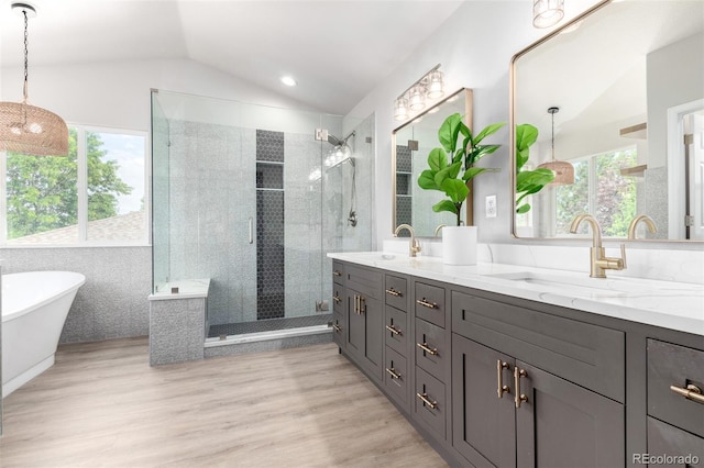 664 Clarendon Dr, Longmont, CO 80504 - full bath featuring lofted ceiling, plenty of natural light, a shower stall, double vanity, and a freestanding bath