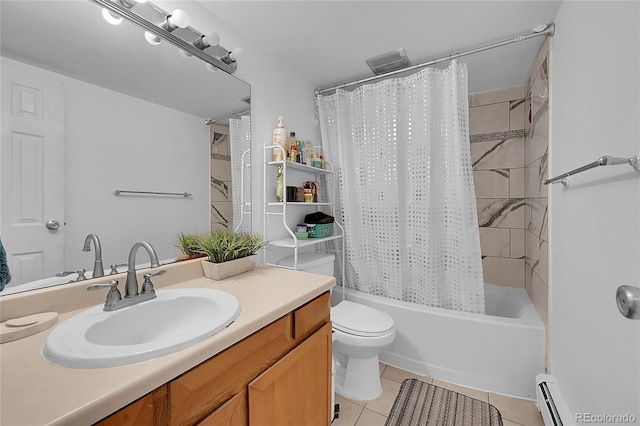 full bathroom with shower / bath combination with curtain, tile patterned flooring, toilet, vanity, and baseboard heating