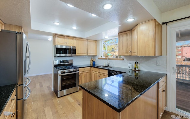 kitchen with light brown cabinetry, appliances with stainless steel finishes, a tray ceiling, and light wood-style floors