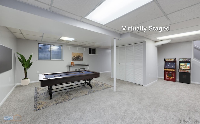 game room with visible vents, carpet floors, a paneled ceiling, and baseboards