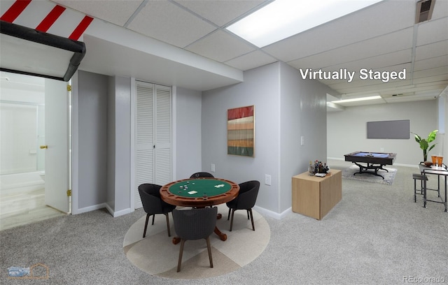 game room featuring carpet floors, a drop ceiling, billiards, and baseboards