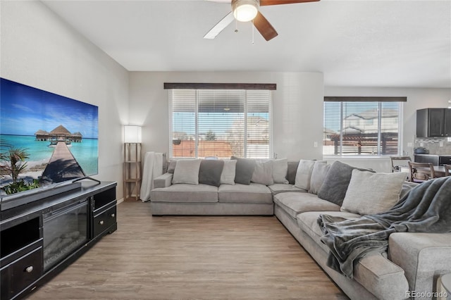 living room featuring ceiling fan and light hardwood / wood-style floors