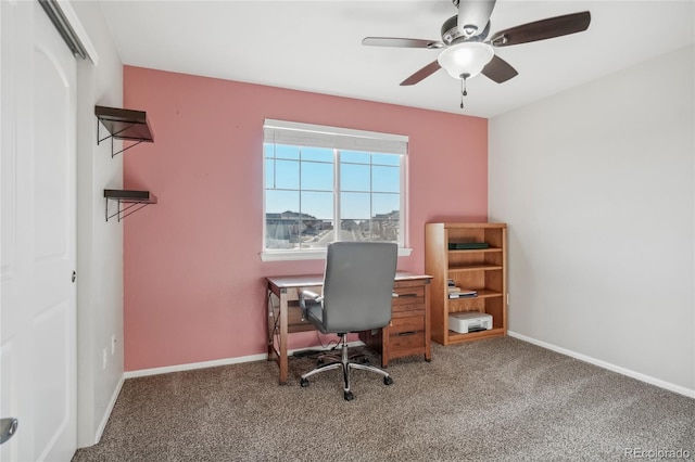 carpeted office with ceiling fan