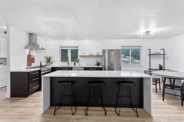 kitchen with appliances with stainless steel finishes, range hood, a kitchen breakfast bar, light hardwood / wood-style floors, and a kitchen island