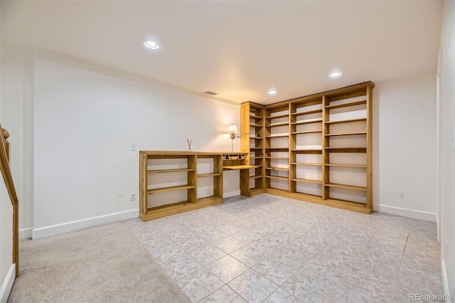 tiled spare room with recessed lighting, visible vents, and baseboards