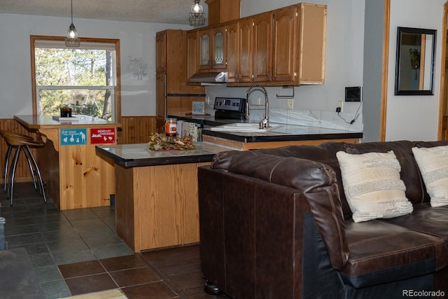 kitchen with wood walls, electric stove, sink, decorative light fixtures, and kitchen peninsula