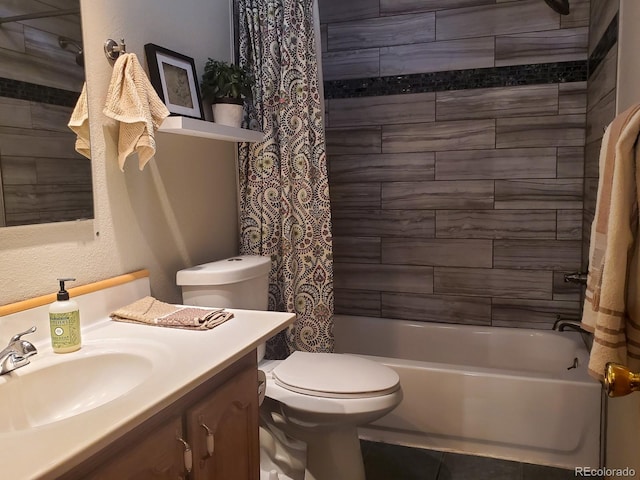 full bathroom with vanity, toilet, and shower / tub combo with curtain