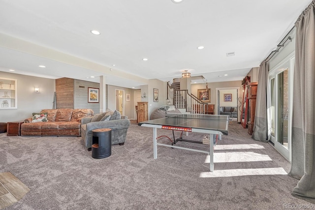 recreation room featuring carpet, visible vents, and recessed lighting