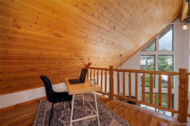 507 Gcr 4980, Grand Lake, CO 80447 - office area featuring wooden ceiling, hardwood / wood-style floors, lofted ceiling, and baseboards