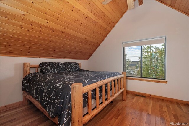 507 Gcr 4980, Grand Lake, CO 80447 - bedroom with baseboards, vaulted ceiling, wood-type flooring, and wood ceiling