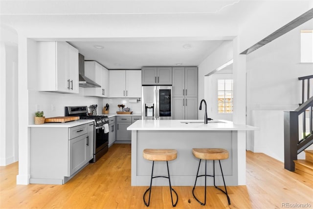 kitchen with stainless steel appliances, a sink, wall chimney exhaust hood, gray cabinets, and light countertops