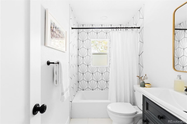 full bathroom with shower / bath combo with shower curtain, toilet, vanity, and tile patterned flooring