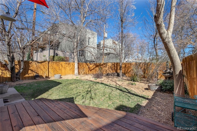 deck with a lawn and a fenced backyard