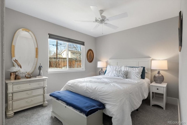 bedroom with light carpet and ceiling fan