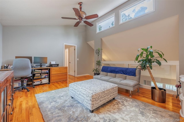 753 Edge Hill Dr, Woodland Park, CO 80863 - office with a ceiling fan, light wood-type flooring, and high vaulted ceiling
