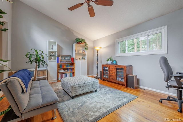 753 Edge Hill Dr, Woodland Park, CO 80863 - office space featuring a ceiling fan, wood finished floors, and lofted ceiling
