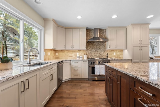 kitchen with dark wood-style flooring, a wealth of natural light, appliances with stainless steel finishes, a sink, and wall chimney range hood