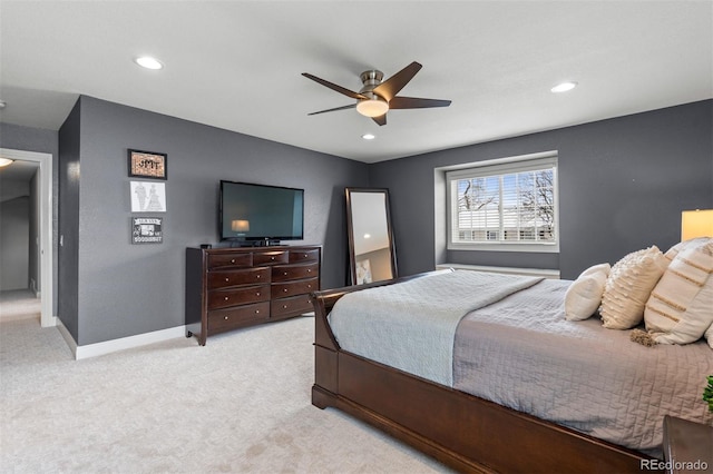 carpeted bedroom featuring recessed lighting, ceiling fan, and baseboards