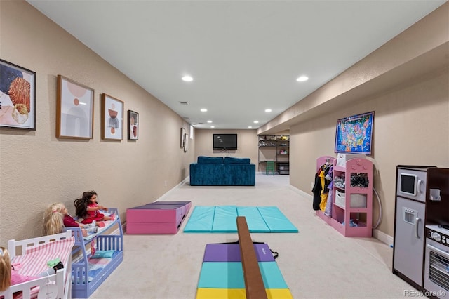 game room featuring baseboards, carpet floors, and recessed lighting