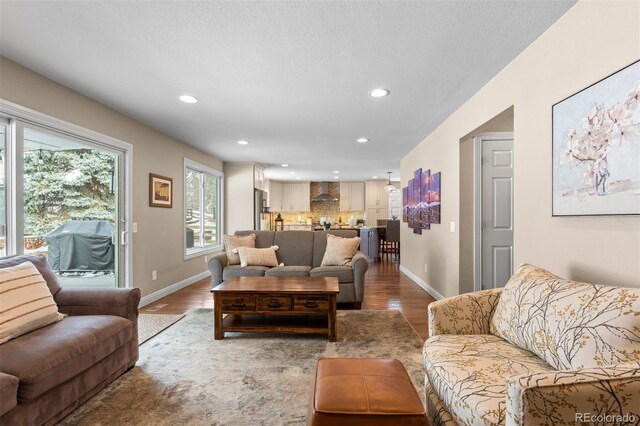 living area featuring baseboards, wood finished floors, and recessed lighting