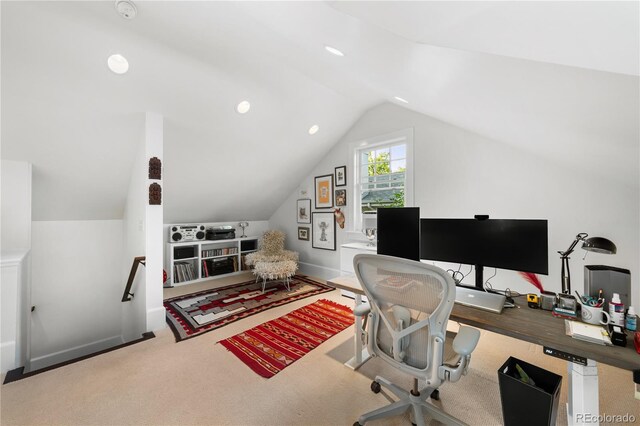 home office with lofted ceiling, carpet, baseboards, and recessed lighting