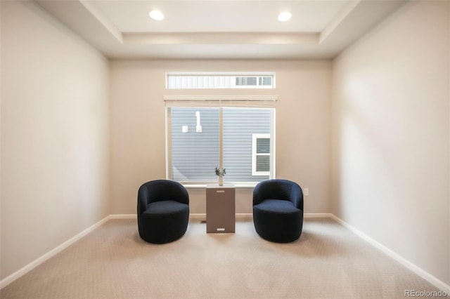 6362 Lythmore Grv, Colorado Springs, CO 80927 - sitting room with carpet floors, a tray ceiling, baseboards, a desk, and recessed lighting