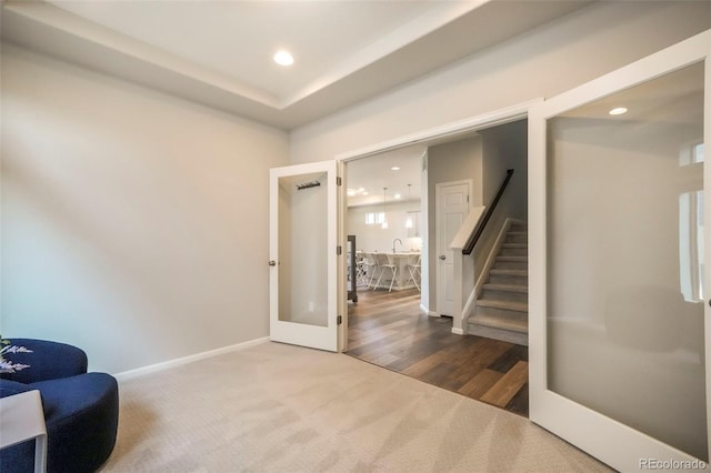 6362 Lythmore Grv, Colorado Springs, CO 80927 - sitting room featuring carpet, stairway, recessed lighting, baseboards, and french doors