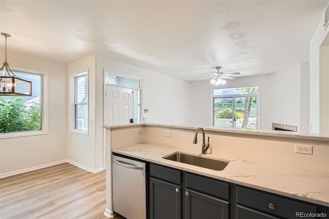 8500 E Jefferson Unit 3C, Denver, CO 80237 - kitchen with dishwasher, a sink, light wood-type flooring, light stone countertops, and pendant lighting