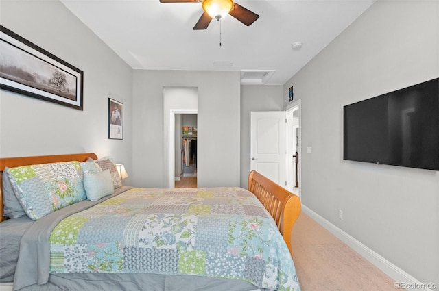 carpeted bedroom with baseboards, a ceiling fan, and a walk in closet