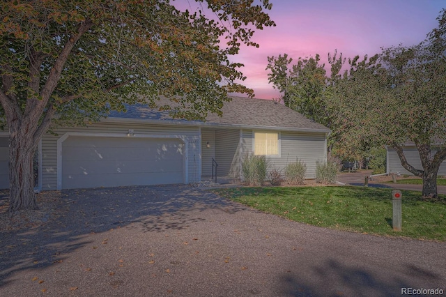 view of front of house with a garage and a lawn