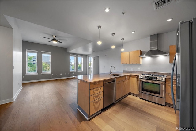 kitchen with kitchen peninsula, appliances with stainless steel finishes, light wood-type flooring, wall chimney range hood, and sink