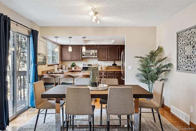 dining area with sink, light hardwood / wood-style floors, and a textured ceiling