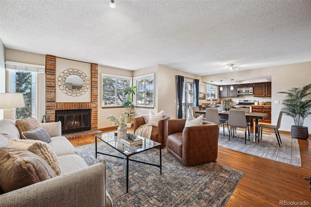 living room with hardwood / wood-style flooring, a wealth of natural light, a textured ceiling, and a fireplace