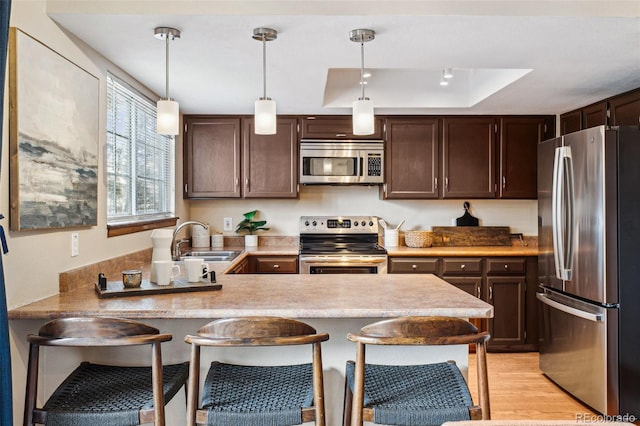 kitchen with sink, kitchen peninsula, a raised ceiling, pendant lighting, and stainless steel appliances