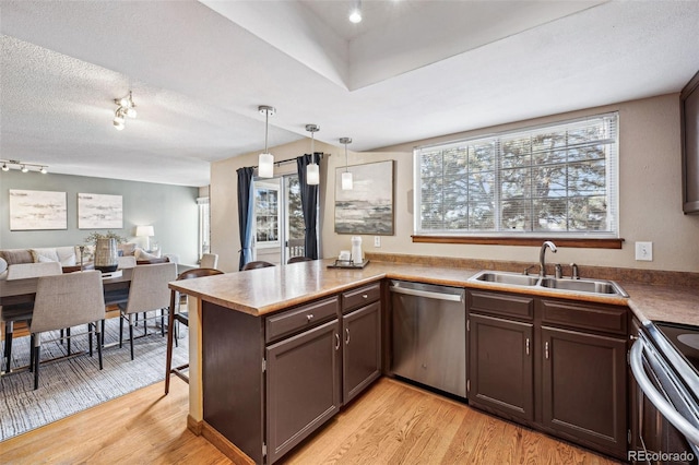 kitchen with sink, light hardwood / wood-style flooring, kitchen peninsula, pendant lighting, and stainless steel appliances