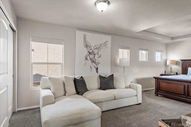 living area featuring a raised ceiling, baseboards, and carpet