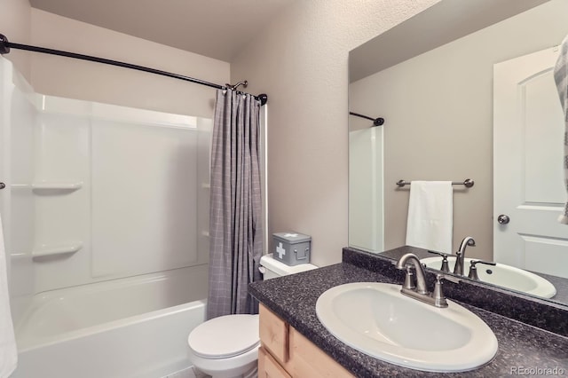 full bath with toilet, vanity, and shower / bath combination with curtain