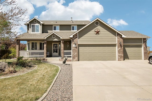 craftsman inspired home featuring a porch, brick siding, an attached garage, and driveway
