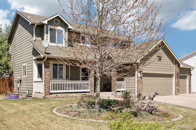 view of front of house featuring covered porch, brick siding, concrete driveway, an attached garage, and a shingled roof