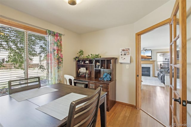 dining area with light wood-style floors, baseboards, a glass covered fireplace, and a healthy amount of sunlight