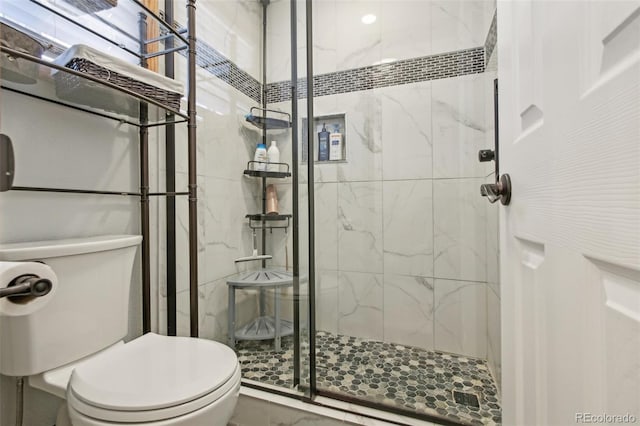 bathroom featuring toilet and a shower stall