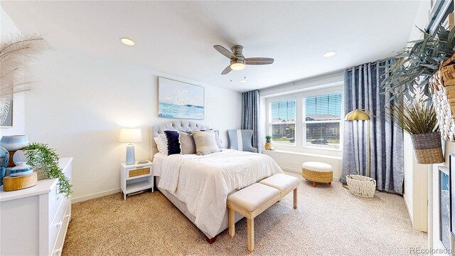 10016 Hough Pt, Parker, CO 80134 - bedroom with baseboards, light carpet, recessed lighting, and ceiling fan