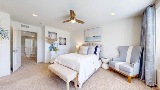 10016 Hough Pt, Parker, CO 80134 - bedroom with light colored carpet, recessed lighting, and a ceiling fan