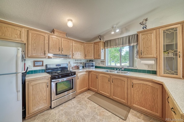 320 Hudson St, Silver Cliff, CO 81252 - kitchen with appliances with stainless steel finishes, under cabinet range hood, light countertops, a textured ceiling, and lofted ceiling